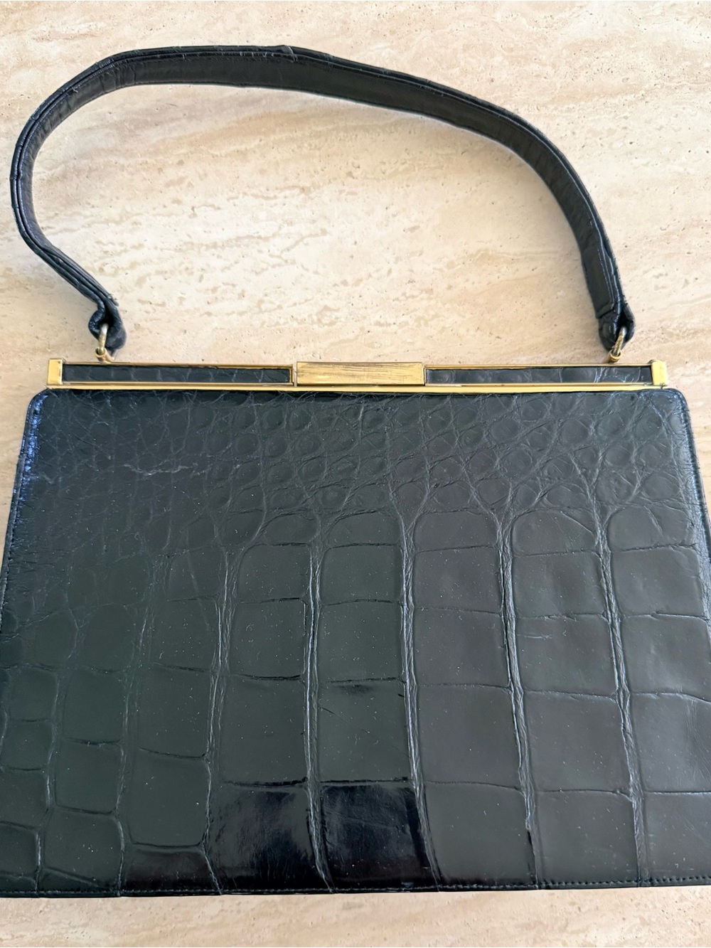 Vintage Bellestone Black Alligator Crocodile Handbag Gold Frame
